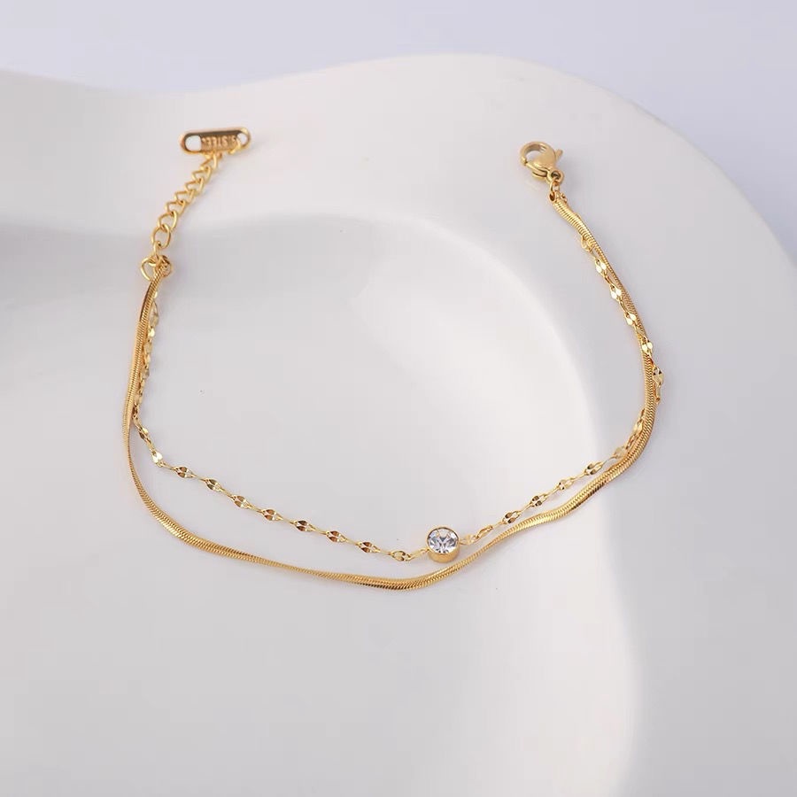 Vòng Tay Hai Lớp Bằng Thép Titan Đính Kim Cương Đơn Giản Không Phai Màu Thời Trang