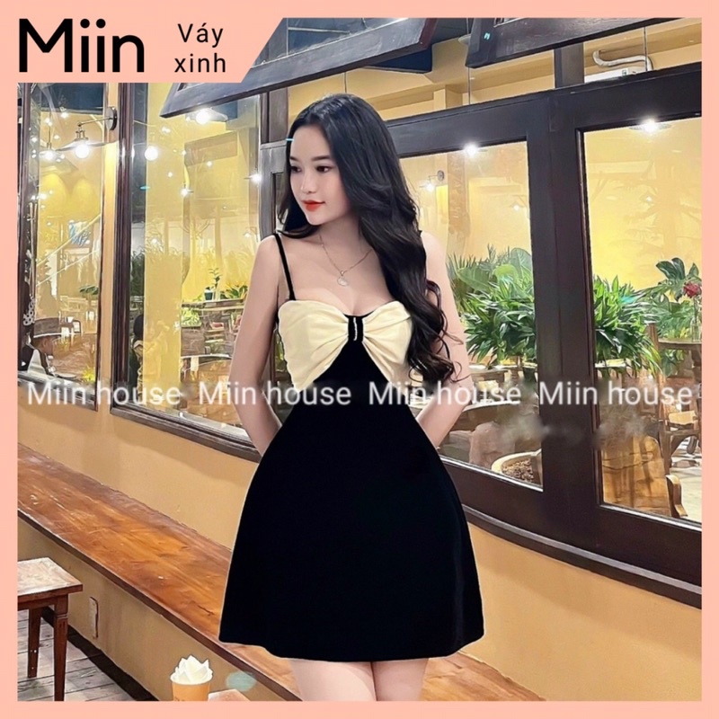 Váy 2 dây nhung đen nơ be