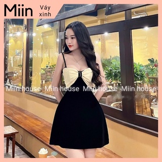 Váy 2 dây nhung đen nơ be