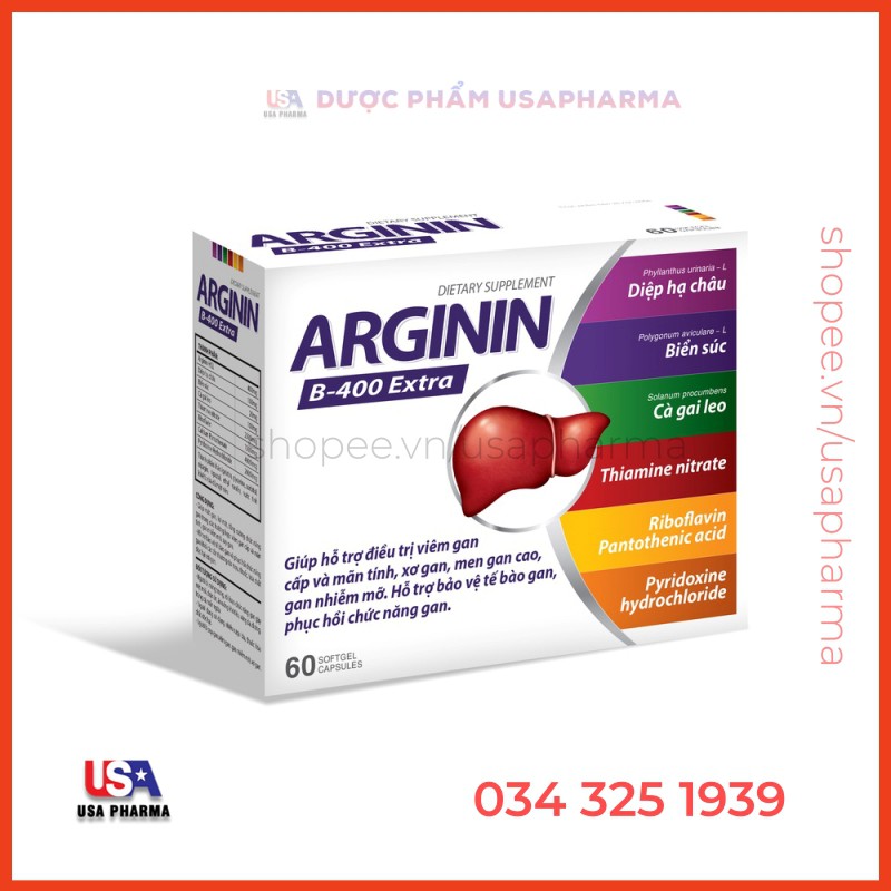 Viên uống ARGININ B-400 EXTRA - Mát gan, bảo vệ và phục hồi chức năng gan do rượu bia thuốc lá - Hộp 60 viên