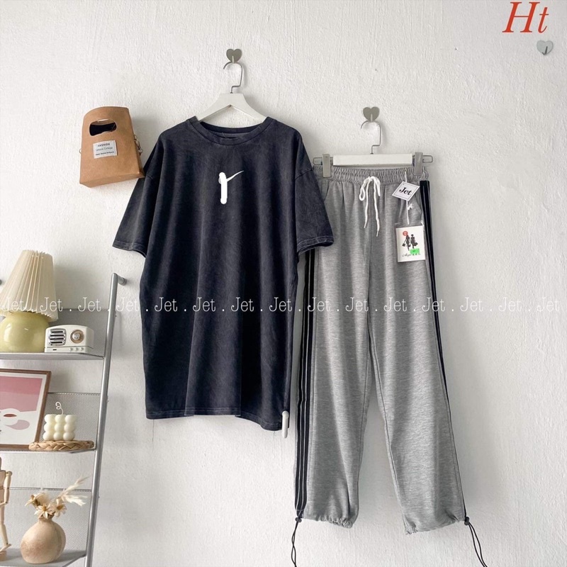 Set áo loang phẩy quần xám sọc H2S868