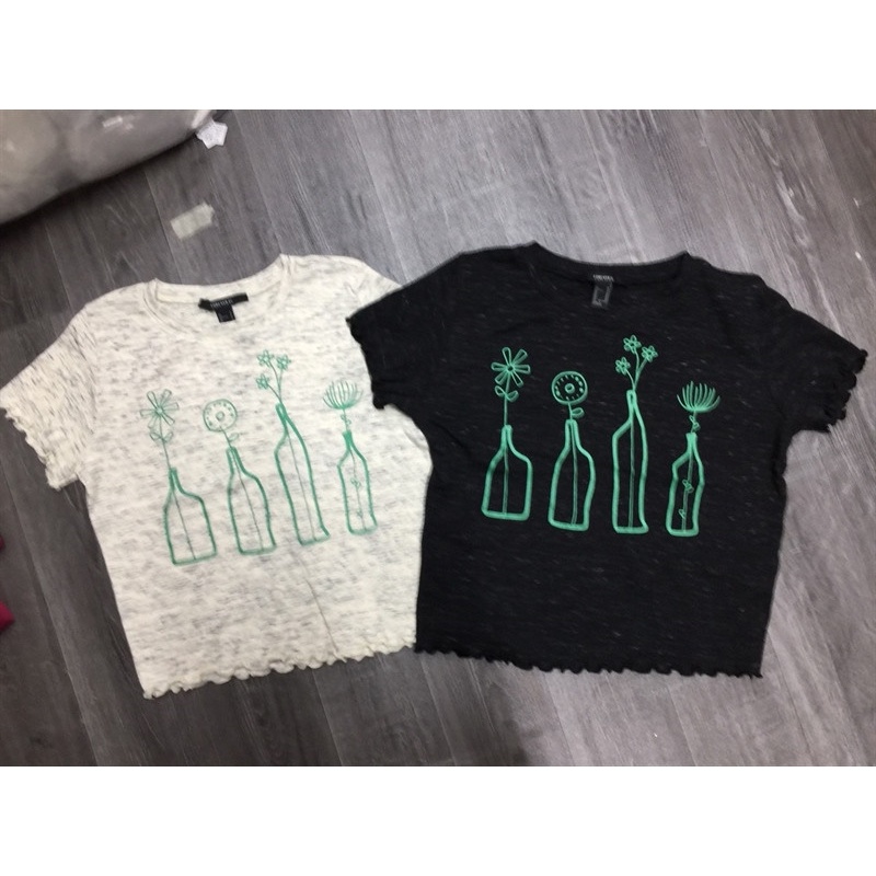 Áo Croptop F21 Cuốn Biên Lai Sóng In Lọ Hoa - 3424