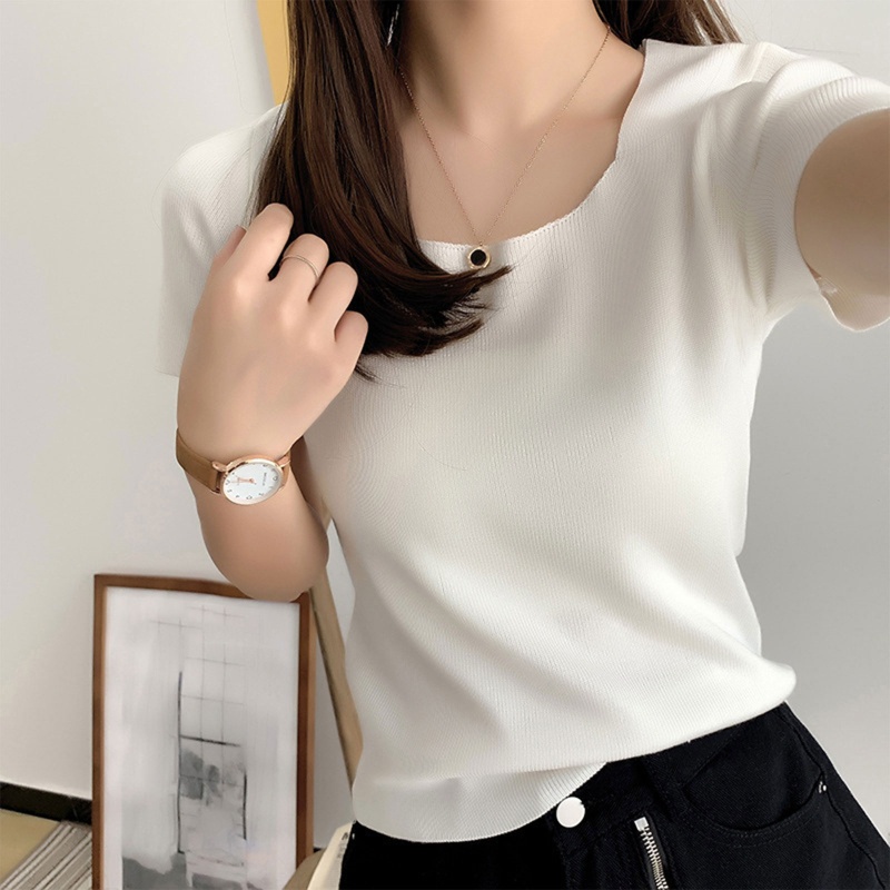 Áo Thun Dệt Kim Tay Ngắn Cổ Vuông Màu Sắc Đơn Giản Thời Trang Cho Nữ