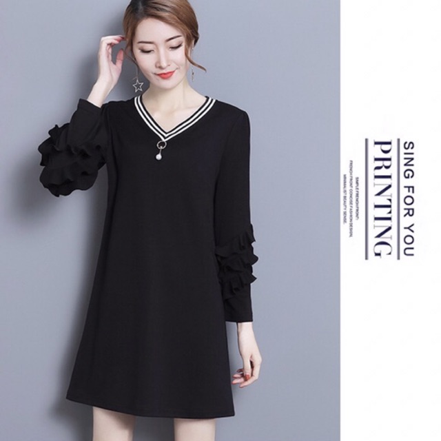 Đầm thun đen suông tay dài big size tay bèo size lớn 75-90kg