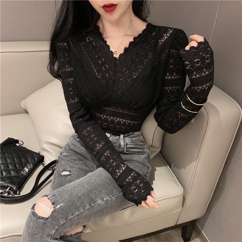 Áo Kiểu Cổ Chữ V Phối Ren Lưới Phong Cách Hàn Quốc Thời Trang Mới Cho Nữ