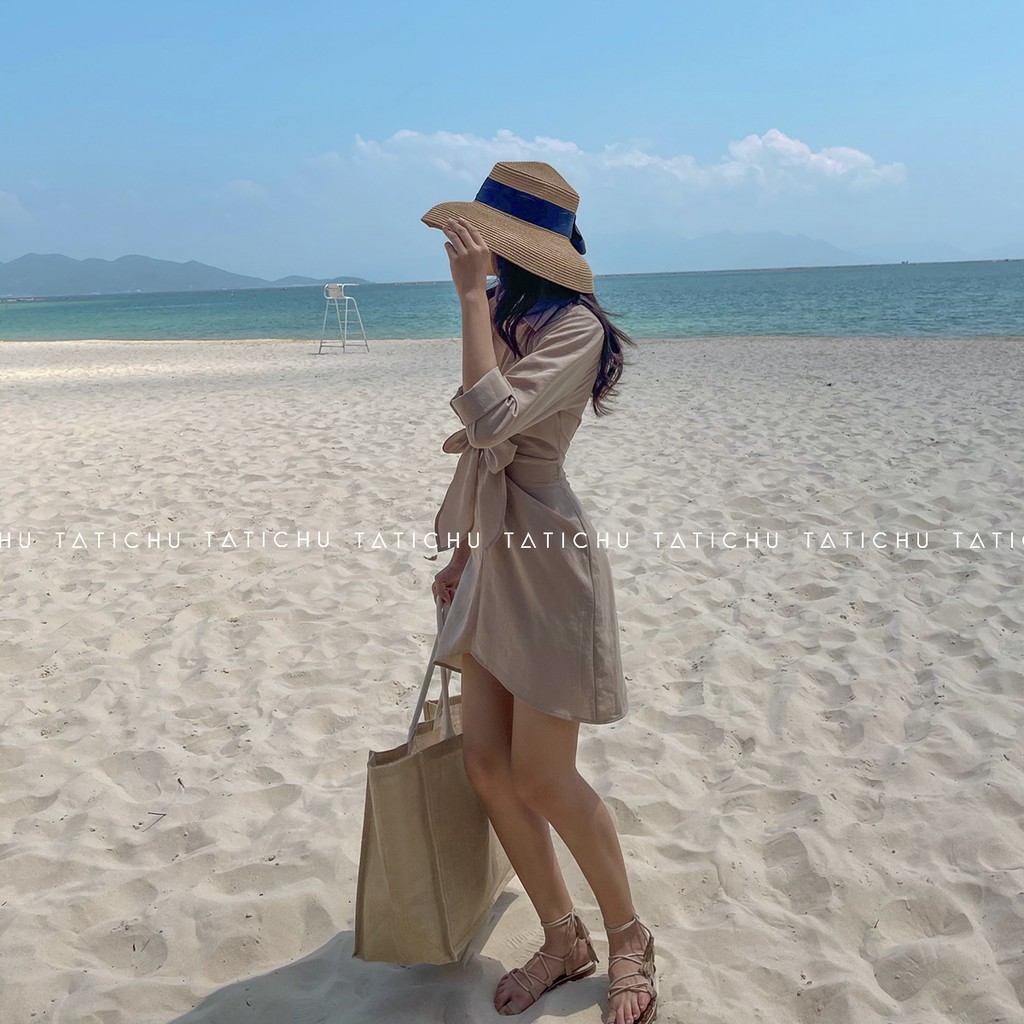 Tropicana Shirt Dress- Đầm sơ mi cổ xẻ V cột nơ, đầm linen đi biển, mùa hè | BigBuy360 - bigbuy360.vn
