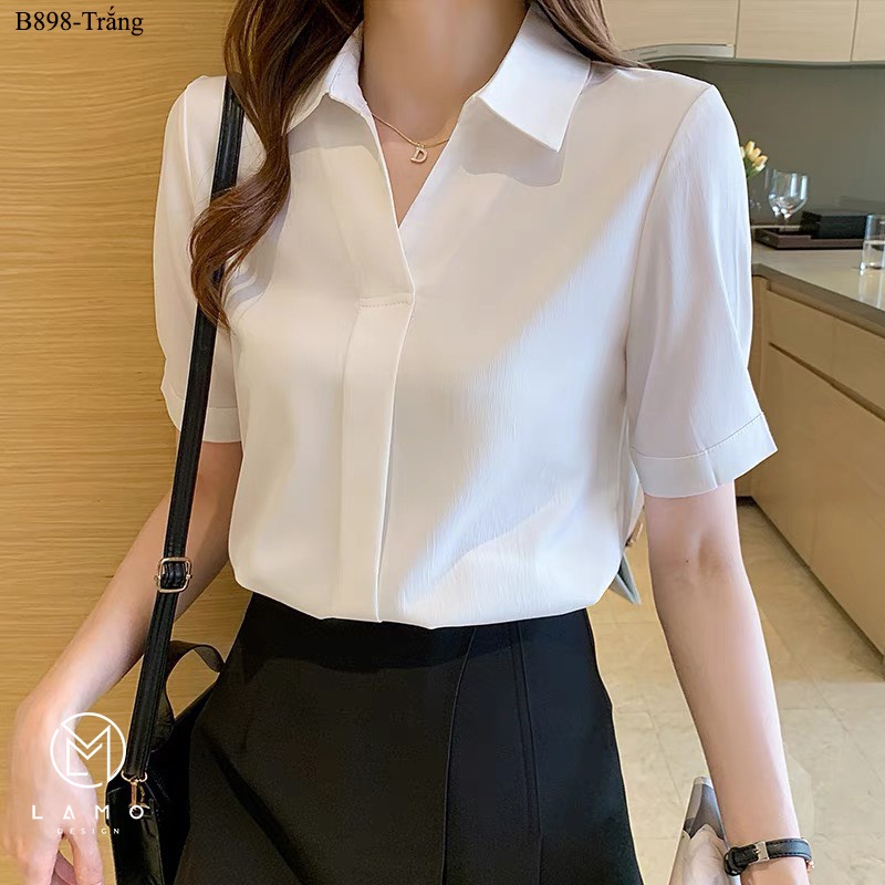 Áo sơ mi công sở nữ lụa ngọc trai cổ V tay ngắn B898 | BigBuy360 - bigbuy360.vn