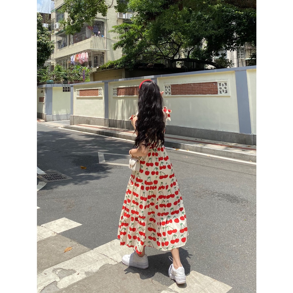 Đầm Hai Dây Họa Tiết Quả Anh Đào Thiết Kế Mới Thời Trang Mùa Hè Pháp Cho Nữ