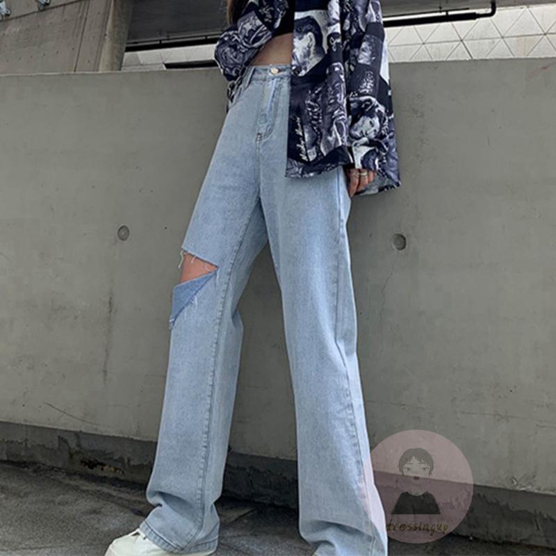 Quần Jeans Dài Lưng Cao Màu Sắc Trơn Dáng Rộng Dành Cho Nữ