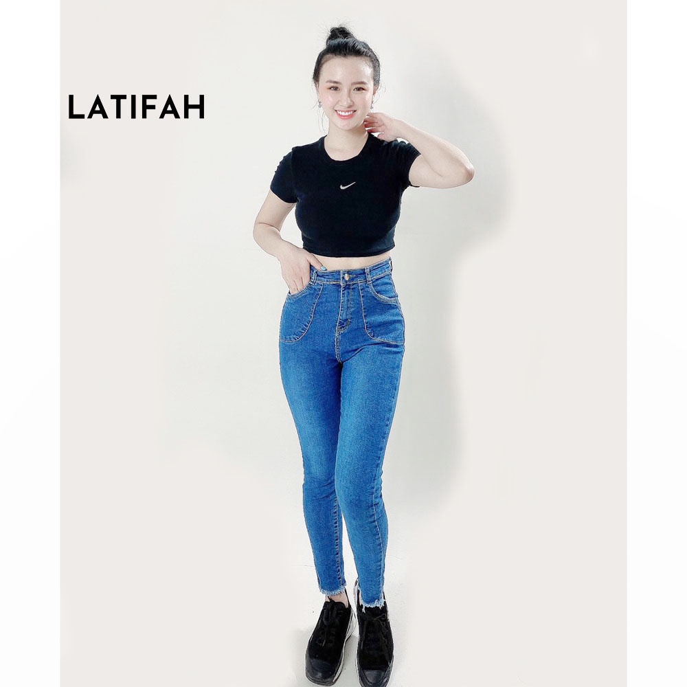 Quần dài jeans nữ co giãn LATIFAH cạp siêu cao đắp 2 túi tròn QD003