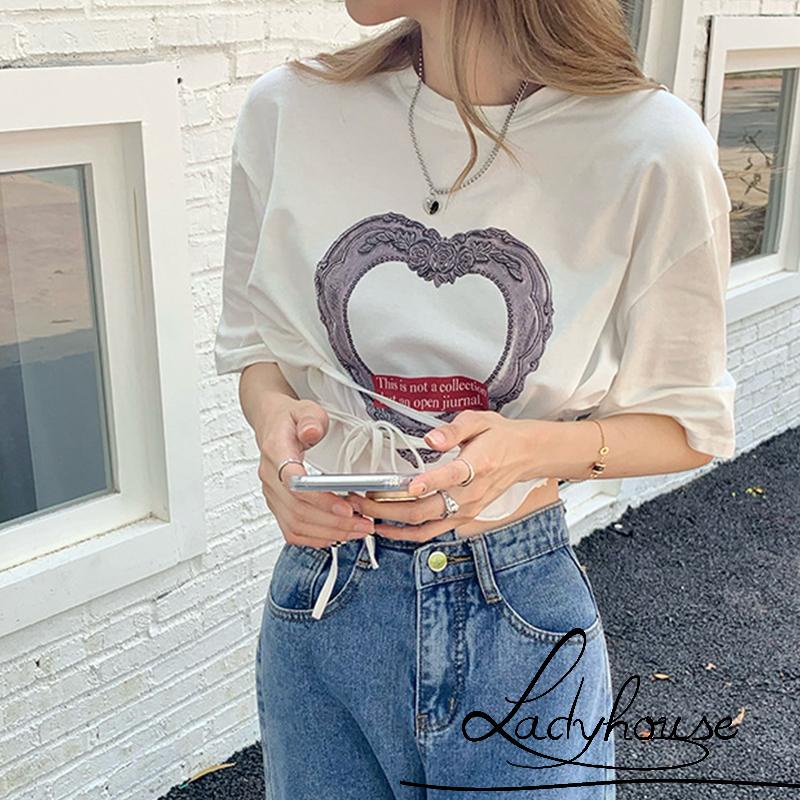 Áo Croptop Cổ Tròn Tay Ngắn In Họa Tiết Trái Tim Thời Trang Mùa Hè Cho Nữ