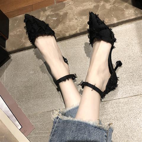 Single Shoes Women's Spring And Summer 2021 New Wild One-Word Buckle High Heels Women's Stiletto Pointed Sexy Lace Fashi