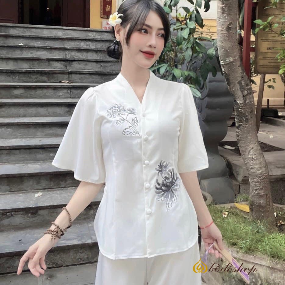 Bộ đồ phật tử đi chùa, tay ngắn thêu hoa, lụa Nhật mát lạnh, màu trắng, Pháp phục Bồ Đề
