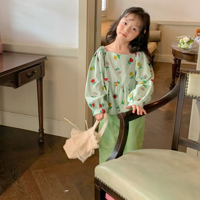 Áo Sơ Mi Cotton Tay Phồng Dáng Dài Họa Tiết Hoa Phong Cách Hàn Quốc Thời Trang Mùa Thu Dành Cho Bé Gái