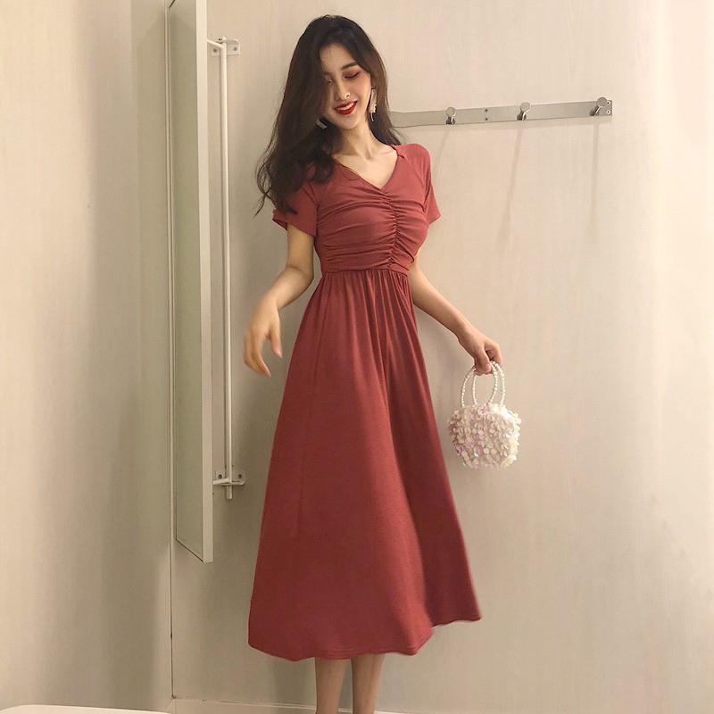 Đầm midi nữ dáng chữ A cổ V tay ngắn phong cách Hàn Quốc | BigBuy360 - bigbuy360.vn