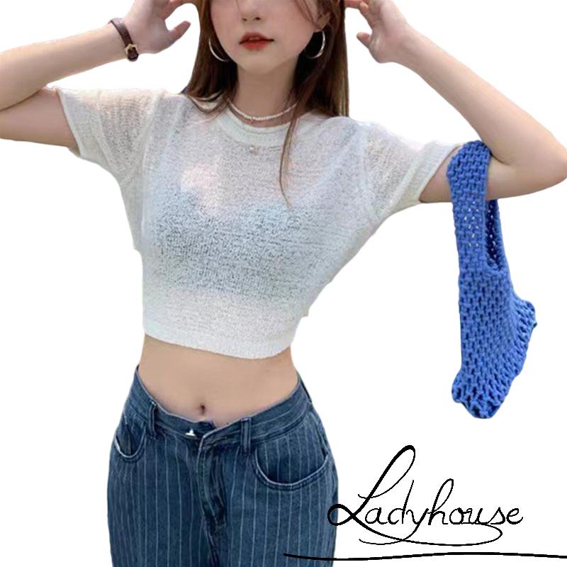 Áo Thun Crop Top Tay Ngắn Cổ Tròn Màu Trơn Xuyên Thấu Thời Trang Mùa Hè Cho Nữ