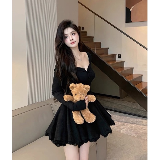 Đầm Nữ Tay Dài Tùng Xoè Phối Ren Hàng Đẹp Chuẩn Ảnh