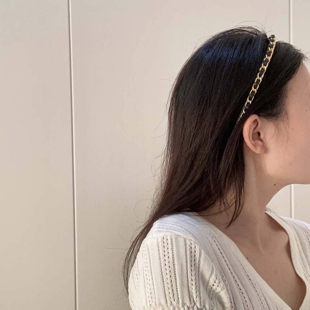 Băng đô da PU phối dây xích kim loại màu đen đơn giản phong cách Hàn Quốc cho nữ