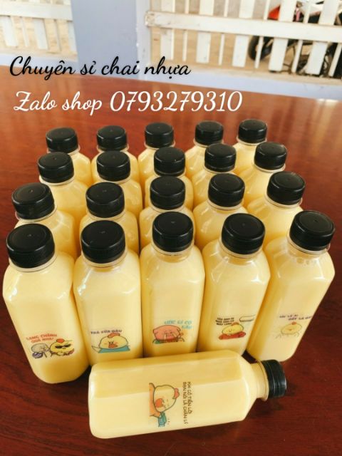 100 chai nhựa 330ml vuông nắp đen kèm tem thank you