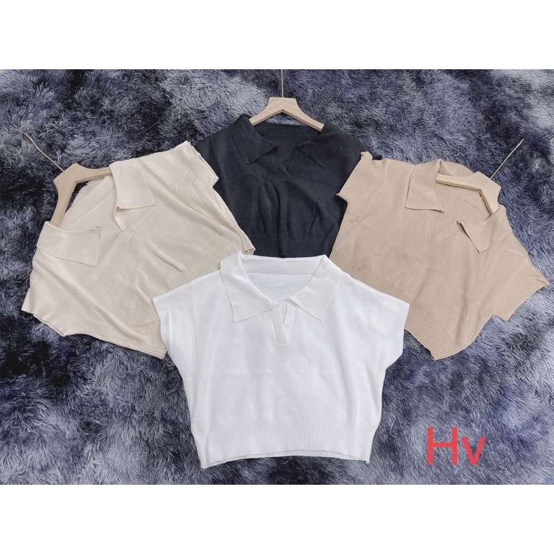 Áo len croptop cổ bẻ tay hến chất đẹp