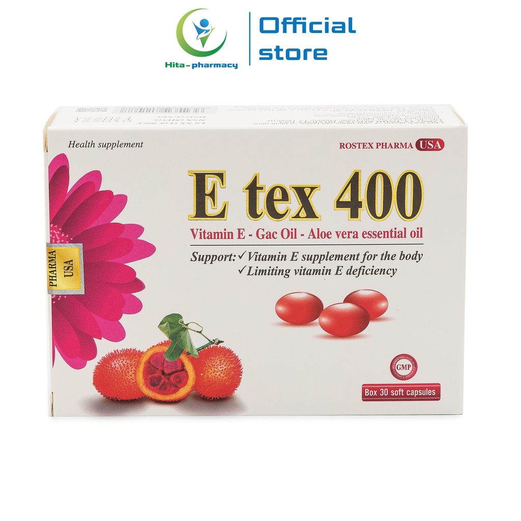 Viên uống đẹp da Vitamin E đỏ, tinh dầu gấc, lô hội E TEX 400 - Hộp 30 viên | BigBuy360 - bigbuy360.vn