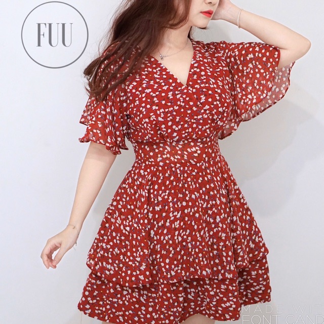 Hình thật jumpsuit giả váy hoa cổ chéo tay cánh tiên thanh lịch cho nữ