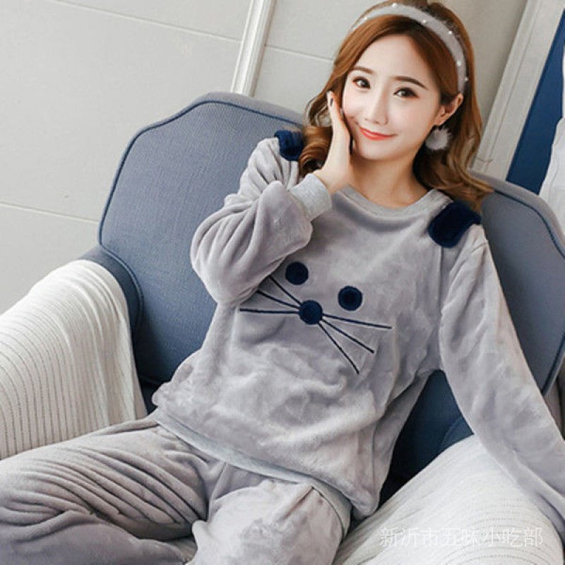 Bộ Đồ Ngủ Chất Nỉ Dày Dặn Ấm Áp Phong Cách Hàn Quốc Dễ Thương Thời Trang Thu Đông Cho Nữ