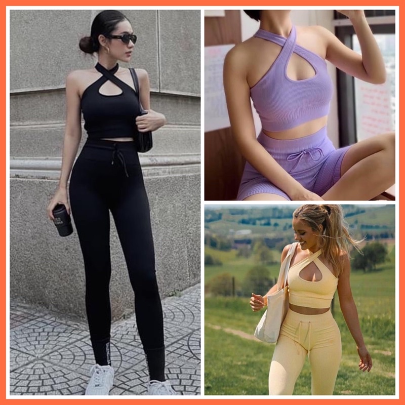 Bộ quần áo tập gym yoga nữ dây chéo ngực cao cấp