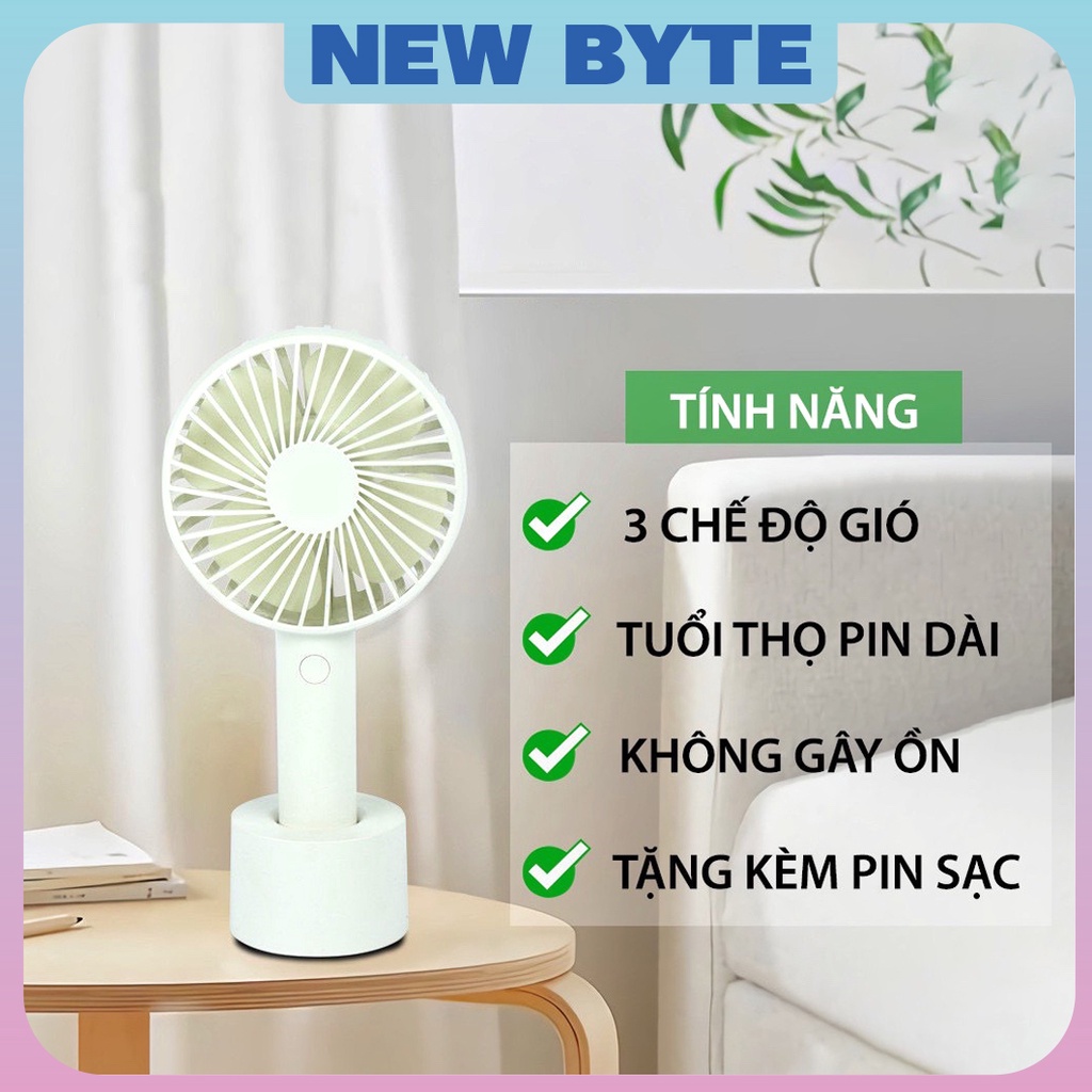 Quạt mini cầm tay có đế để bàn, quạt sạc pin cổng USB tích điện ba tốc độ gió thời gian sử dụng 3h tặng pin và dây sạc