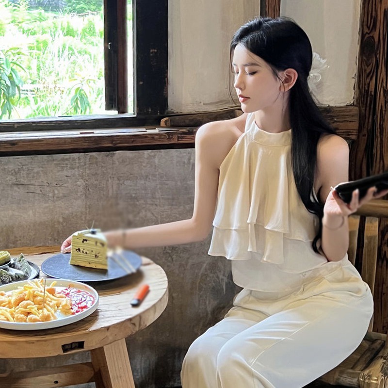 Áo Hai Dây Phối Bèo Màu Trơn Phong Cách Vintage Thời Trang Cho Nữ | BigBuy360 - bigbuy360.vn