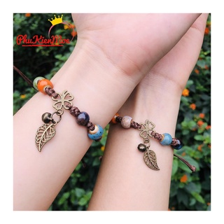Vòng tay dây rút thổ cẩm hình chiếc lá may mắn phong cách vintage cổ điển