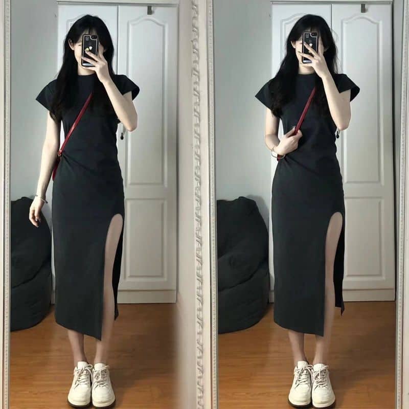 (ORDER) Đầm thun nữ Quảng Châu kẻ cách tân sườn xám xẻ tà đùi sexy tay ngắn crop tone đen và trắng có size