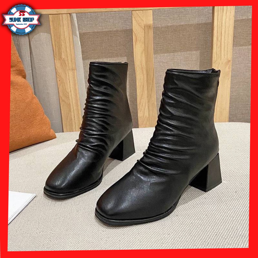 Boot cao cổ, giày bốt nữ cao cổ, bốt nữ nhăn da lì đế cao 5cm có khóa kéo phía sau tiện lợi form dáng đẹp, thời trang