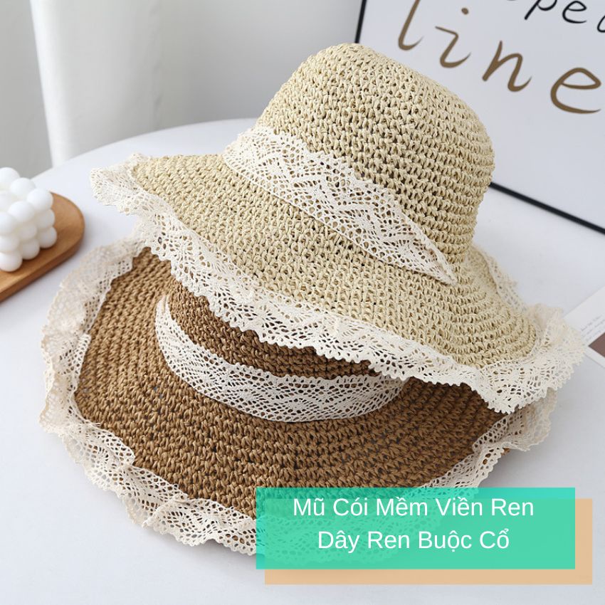 Mũ nón cói mềm viền ren dây ren buộc cổ tiểu thư