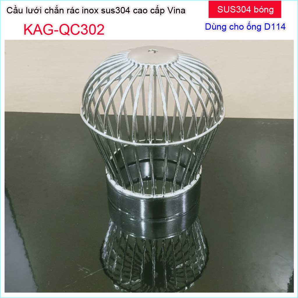 Cầu chắn rác sân thượng KAG-QC302 (ống D114), Cầu chặn rác Inox 304 đế thấp thả ống D114 lưới lọc rác thoát nước mư