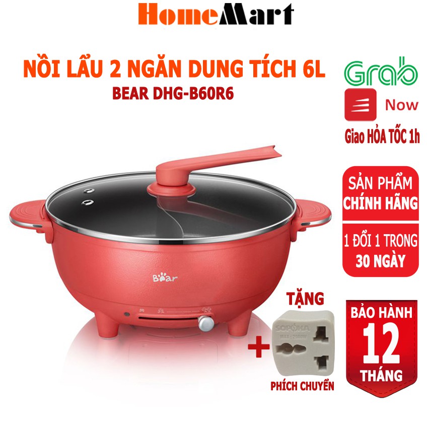 Nồi lẩu 2 ngăn Bear DHG-B60R6 dung tích 6L, 1500W (Hàng chính hãng 1 đổi 1 trong 30 ngày, bảo hành 12 tháng) - HomeMart