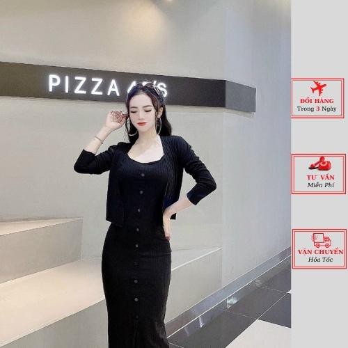 sét áo cardigan kèm váy 2 dây body màu xanh hồng đẹp dáng siêu hót phong cách YoLo-Fashion