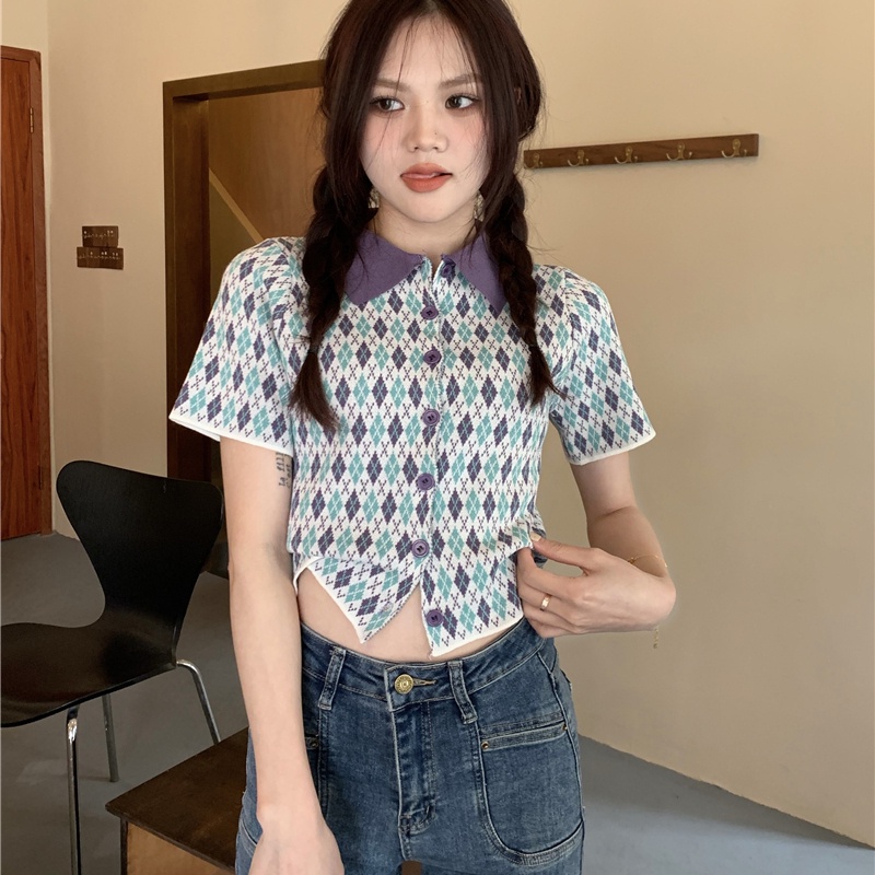 Áo polo SUXI dệt kim tay ngắn dáng ôm thời trang mùa hè cổ điển quyến rũ cho nữ