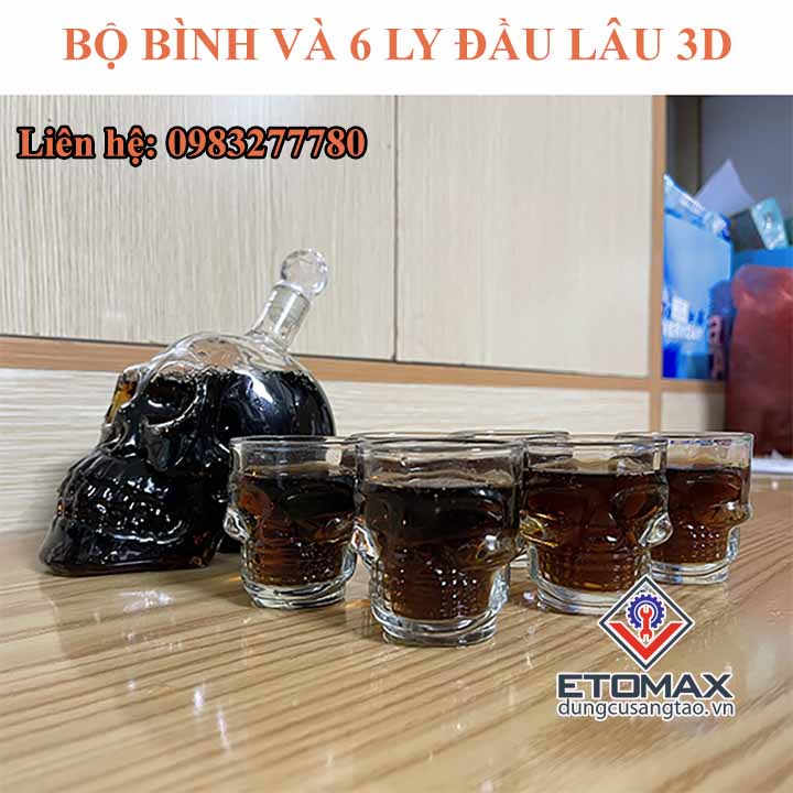 [GIÁ TỐT]Bộ  Bình Và Ly Thủy Tinh Đầu Lâu 3D