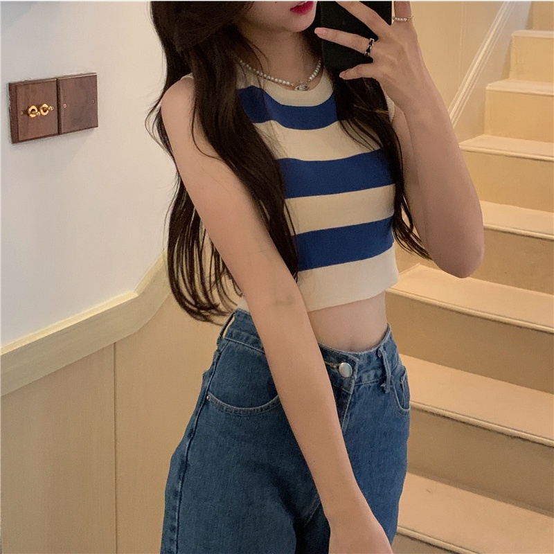 SUXI Áo Dệt Kim Sát Nách Cổ Tròn Dáng Ôm Họa Tiết Kẻ Sọc Thời Trang Mùa Hè Dễ Phối Đồ Cho Nữ