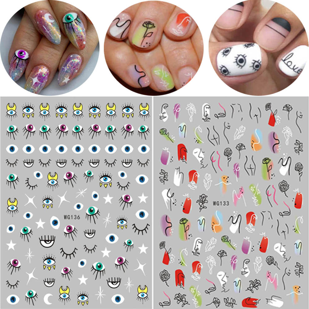[Hàng mới về] Set 1/ 4 tờ hình dán móng tay họa tiết mắt 3D nhiều màu sắc thời trang