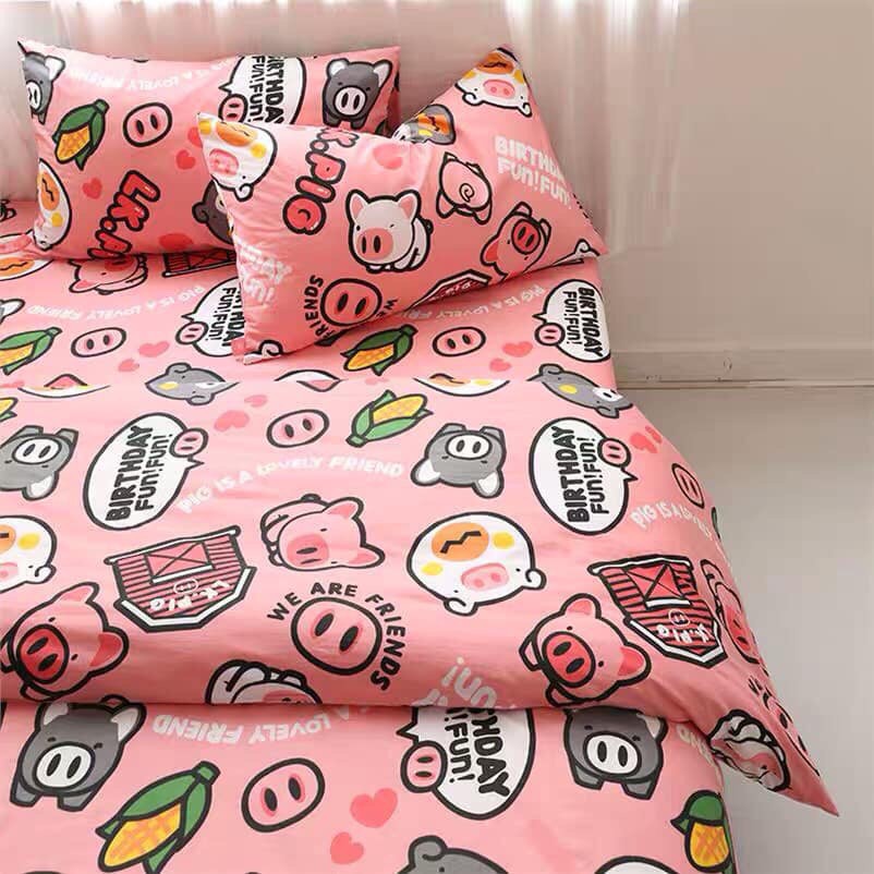 Ga Gối Poly Cotton Mẫu Heo Hồng - Drap giường - 1 Ga Kèm 2 vỏ gối nằm