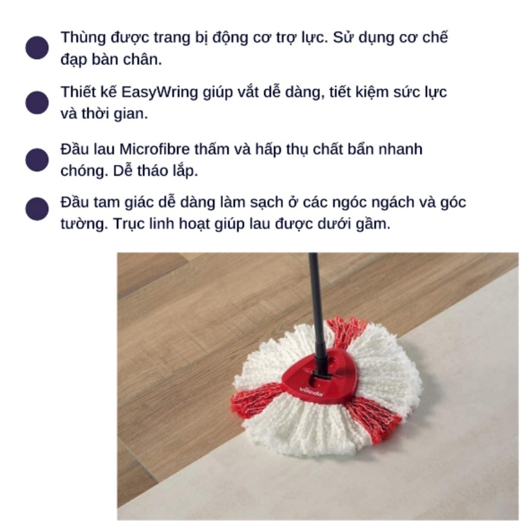 Cây lau nhà VILEDA TURBO tam giác phiên bản nâng cấp, có lỗ thoát nước, vắt trợ lực bằng chân [Hàng Nhập Đức]