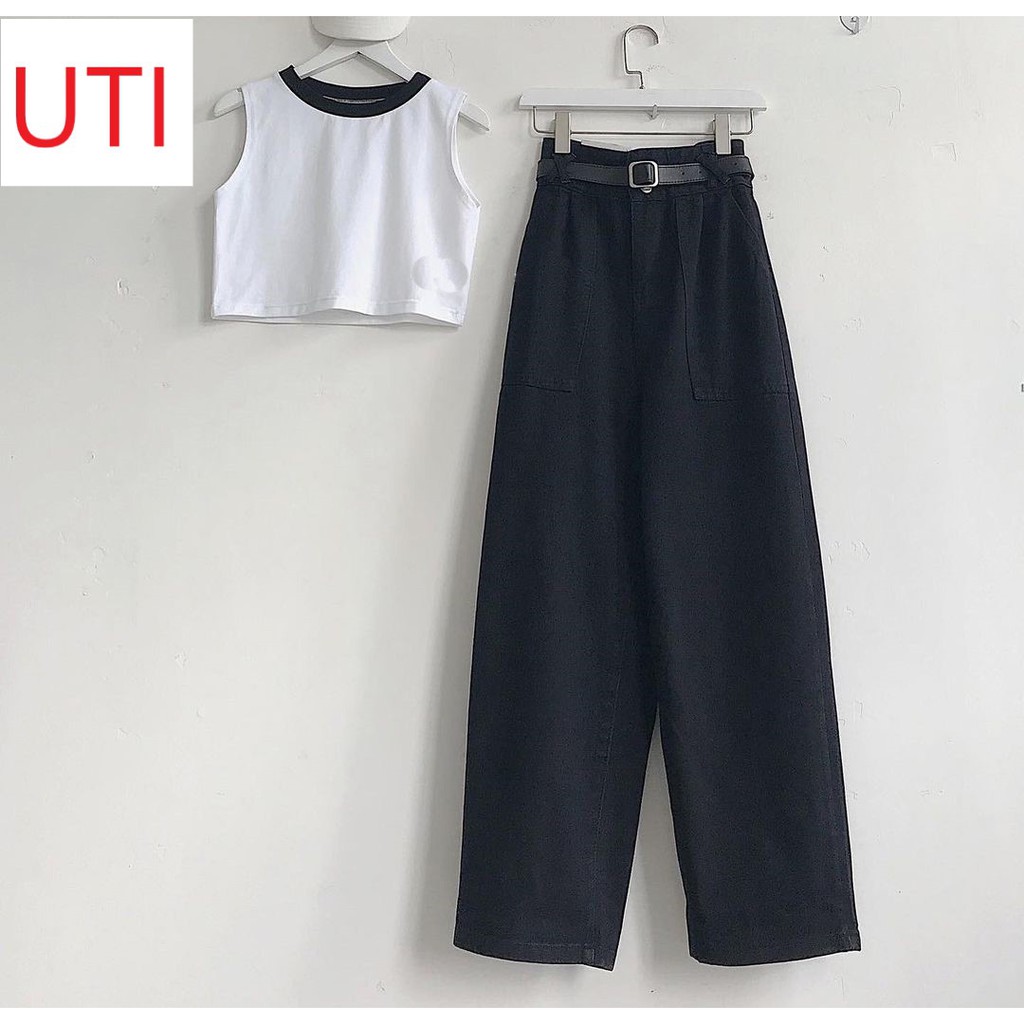 QUẦN JEAN ỐNG RỘNG NỮ LƯNG CAO 2 NÚT 2 TÚI TRƯỚC ĐĨA CHÉO MÀU ĐEN CAO CẤP UTI ĐỦ SIZE S, M, L LAI CUỐN HOT HIT ĐỈNH CAO