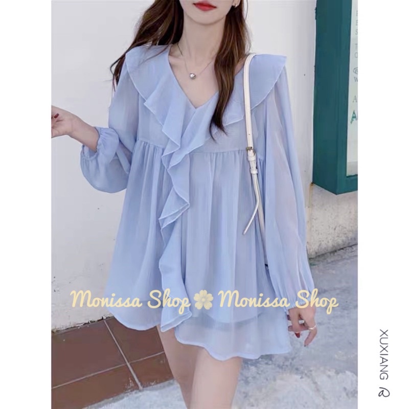 Áo babydoll kiểu voan lụa bèo xanh Ulzzang freesize V007