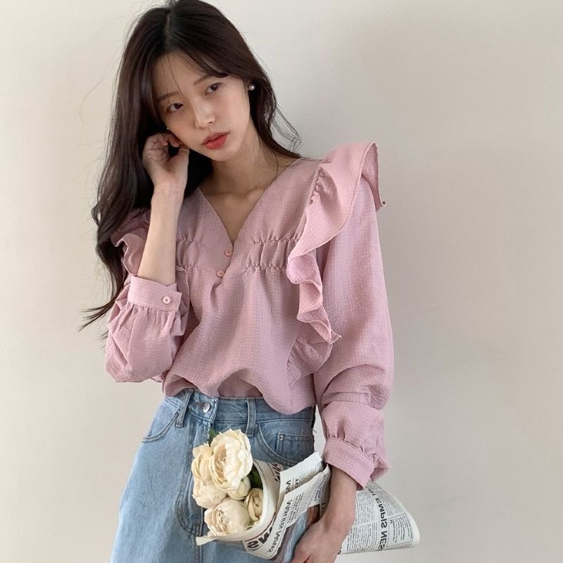 Áo Sơ Mi Tay Dài Cổ Chữ V Phong Cách Phương Tây Thanh Lịch Cho Nữ