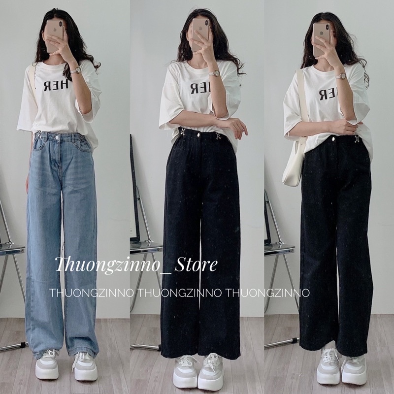 QUẦN JEAN ỐNG SUÔNG NẸP GÀI EO Phong cách Hàn Quốc trẻ trung