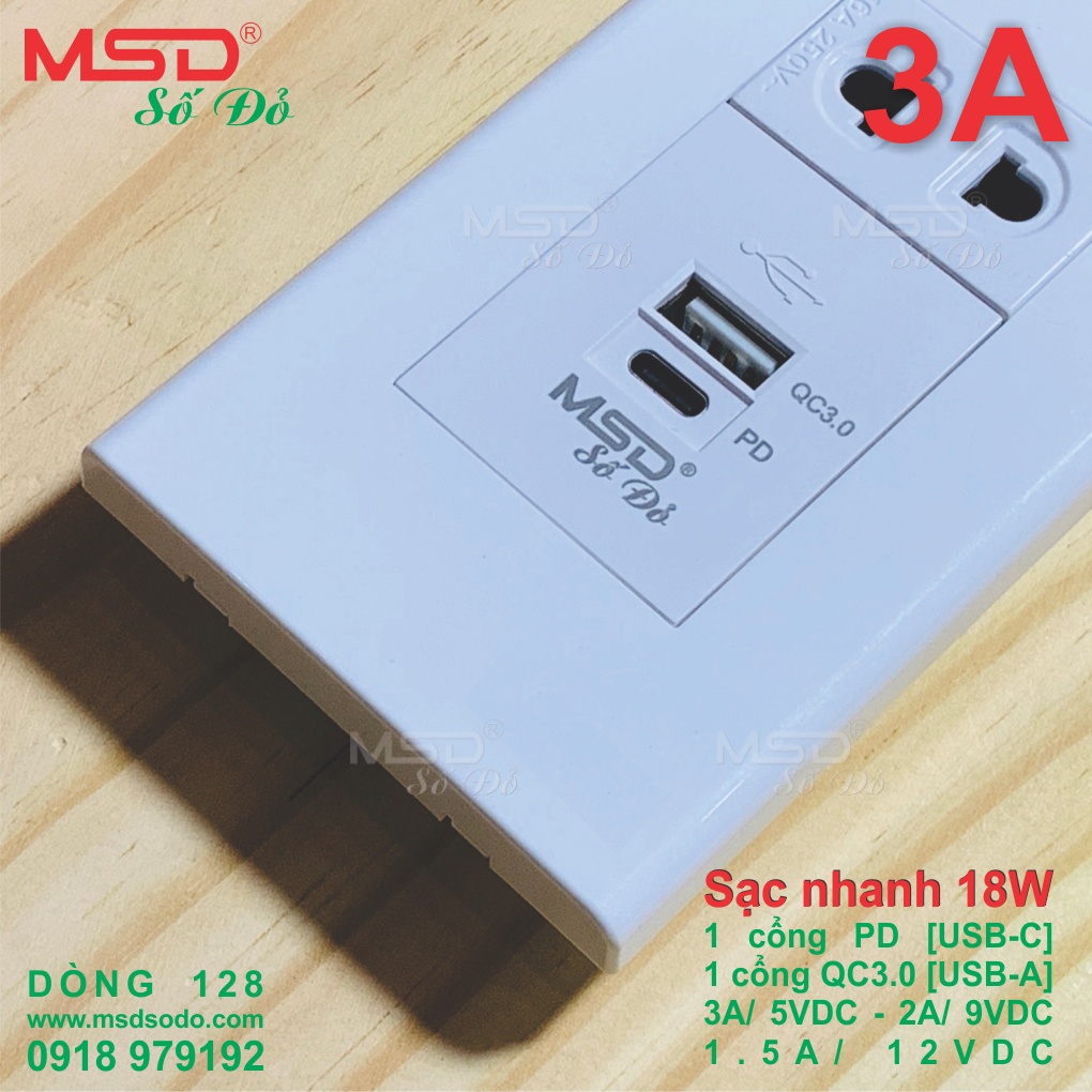 SẠC NHANH 18W ÂM TƯỜNG - PD 3A/5VDC - QC3.0 2.4A/5VDC - 1 Ổ CẮM 2P - MSD128