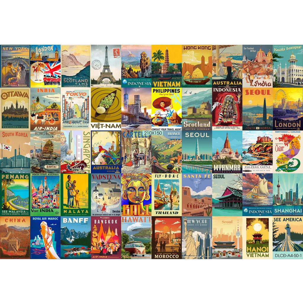 Combo Set 50 tờ Decal dán tường chủ đề Du lịch cổ điển