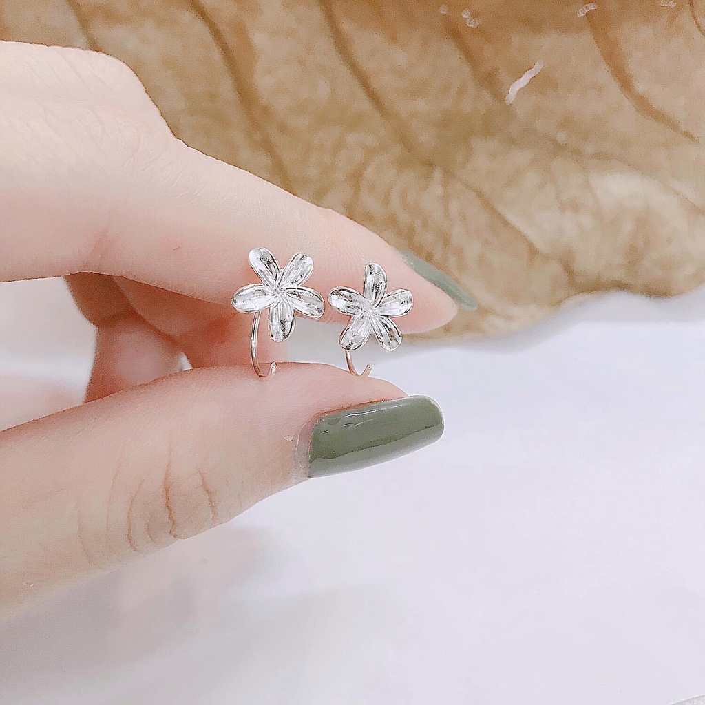 Khuyên Tai Bạc CaoBac Jewellery Cho Nữ Hoạ Tiết Hoa Năm Cánh Chốt Cong Đơn Giản Không Đá
